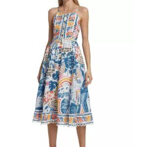 FARM Rio Blue, Pink & Yellow Tropical-Print Midi Dress with Lace Trim